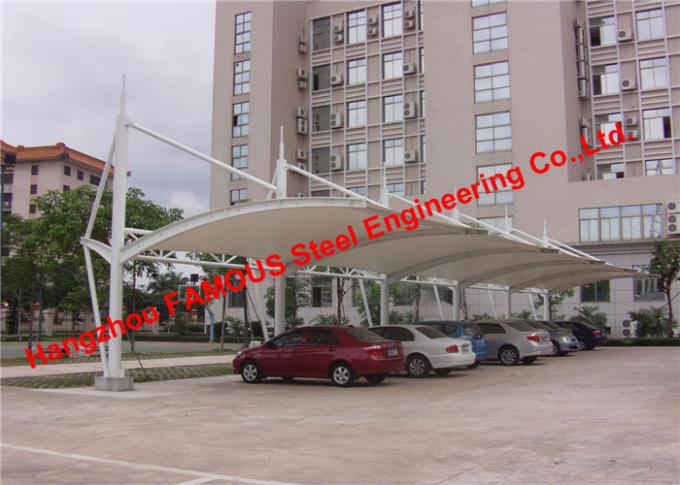 Europe Standard Certified Curved Tensile Membrane Structural Car Parking Tention PVDF Fabric Roof Cover 0